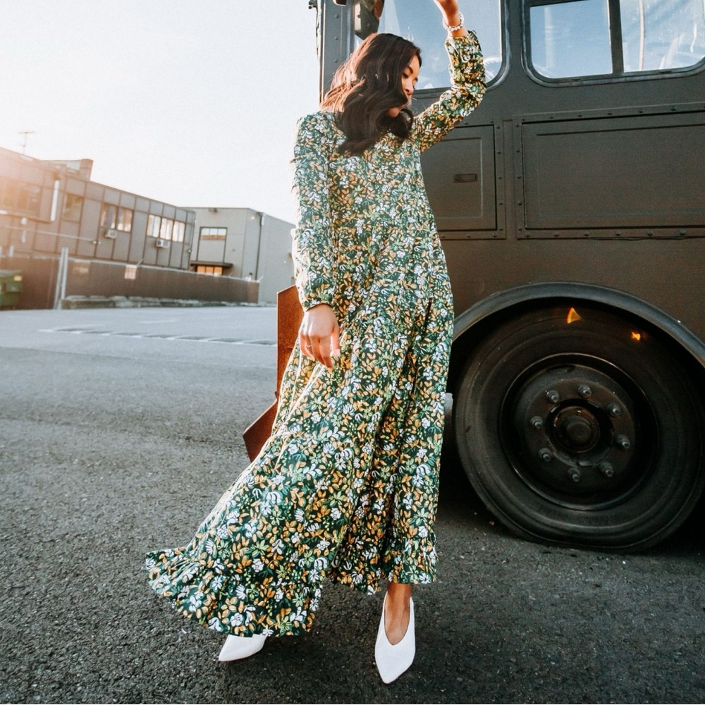 Anthropologie Green Floral Maxi Dress